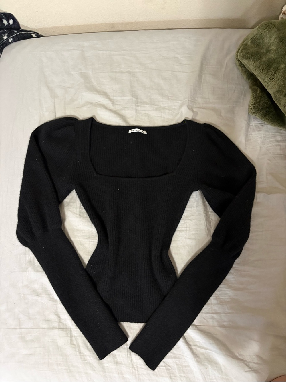 Reformation Black Ribbed Square-Neck Knit Top